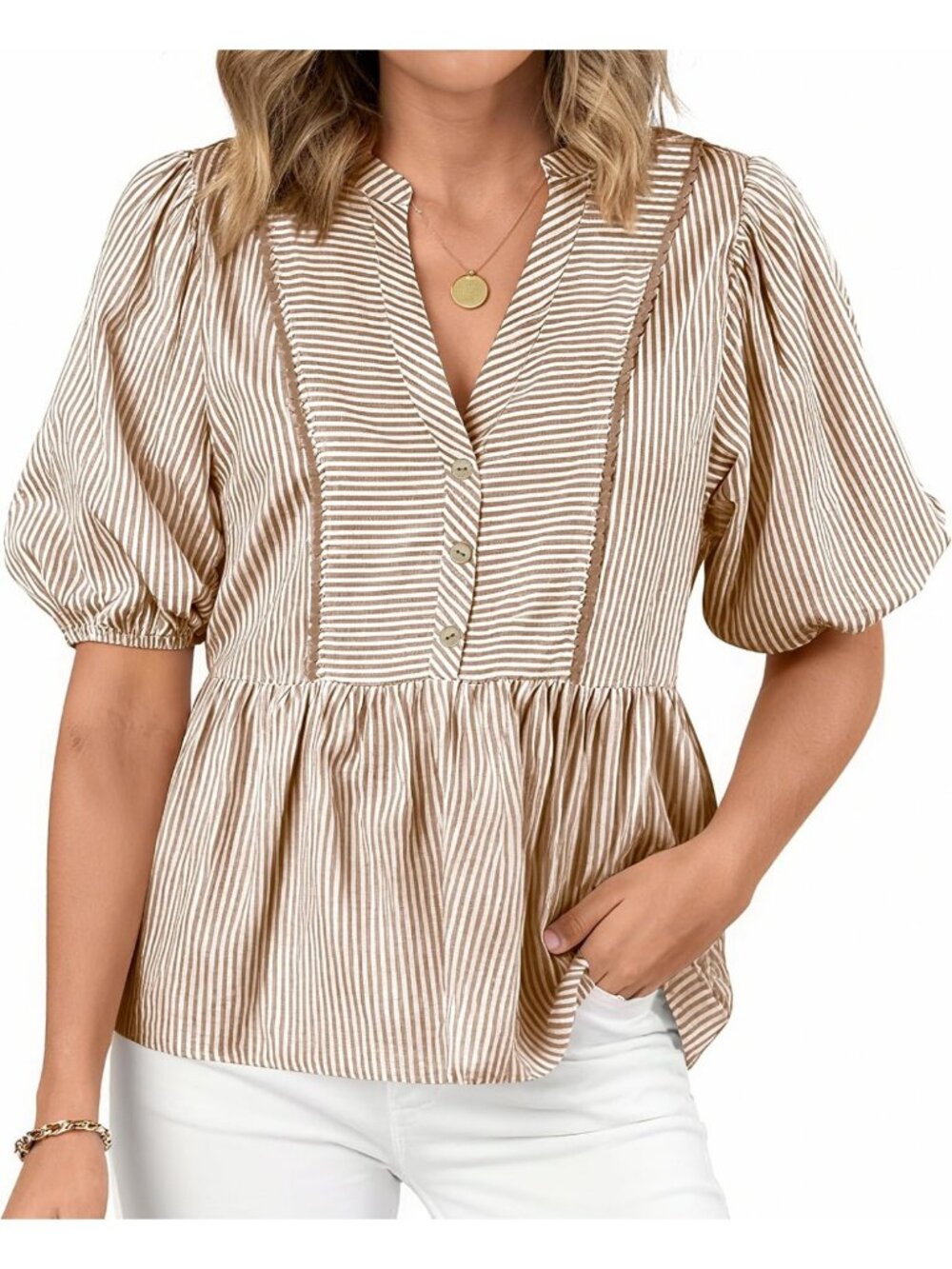 Chic Striped Babydoll Top with Lantern Sleeves & Button Detail for Women